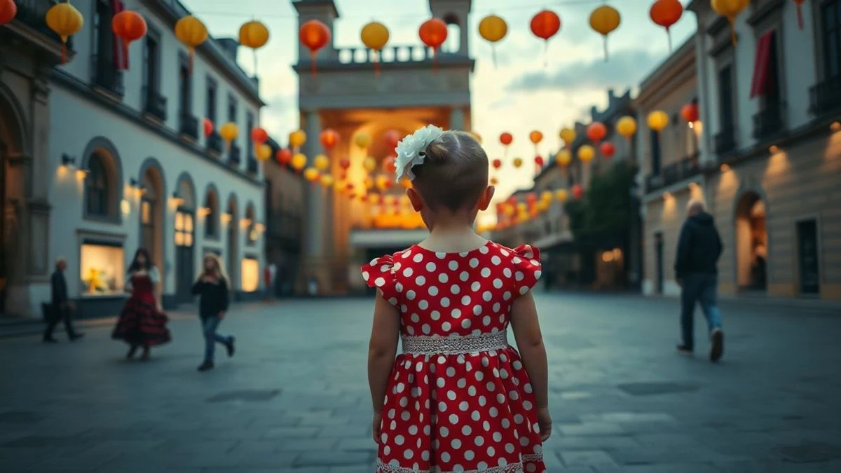 Illustrative image: a square with colourful lanterns at sunset and a girl with red and white sunglasses seen from behind
