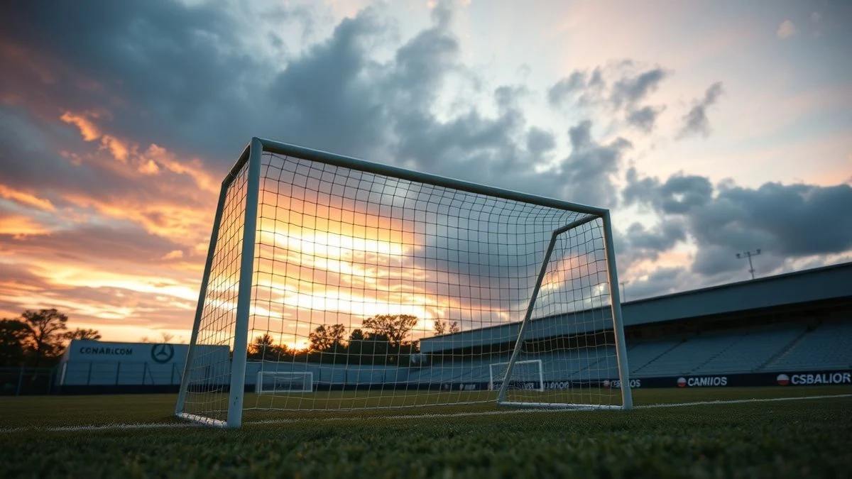 Imagen ilustrativa: un campo de fútbol con una portería y el cielo de atardecer de fondo, en una zona de entrenamiento en Marbella.