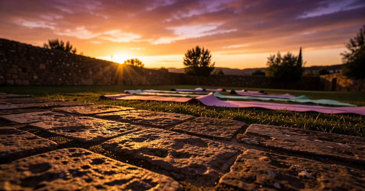 Dolmen de Menga at sunset with yoga mats in the foreground
