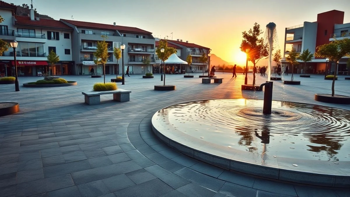 Imagen ilustrativa: plaza pública moderna con fuente, zonas verdes y mobiliario urbano al atardecer.
