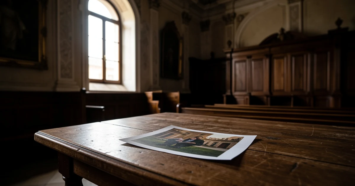 Interior de la sacristía barroca de San Juan de Dios con una fotografía plegada sobre una mesa de madera, iluminada por luz natural
