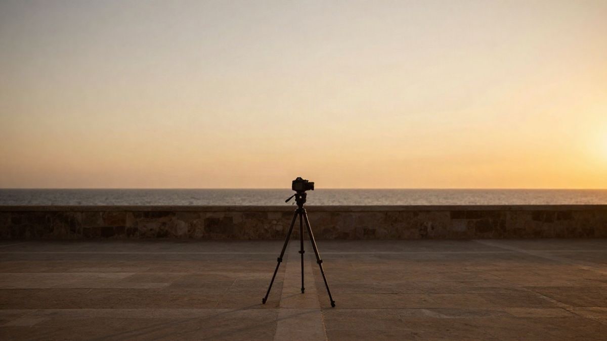 Imagen ilustrativa: cámara sobre trípode en un paseo marítimo al atardecer