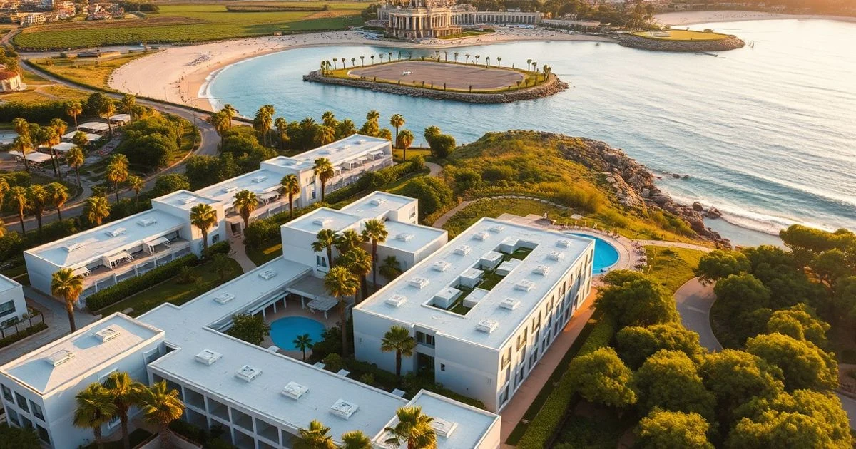Aerial view of the Hacienda del Mar hotel in Estepona with gardens and beach at sunset