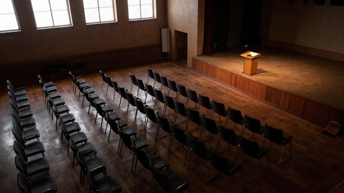 Imagen ilustrativa: vista cenital de un salón de actos vacío con filas de sillas y un atril en el escenario