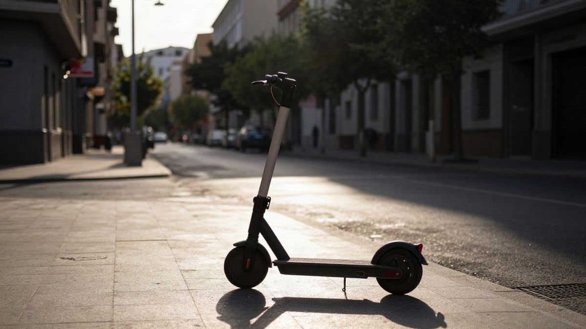 Illustrative image: an electric scooter parked at the edge of an urban street at sunset, with elongated shadows