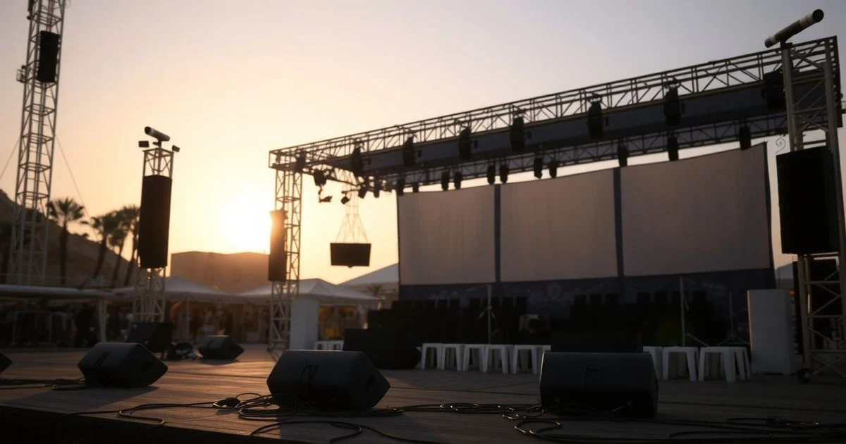 Escenario vacío del festival Starlite en Marbella al atardecer, con micrófono y equipo técnico