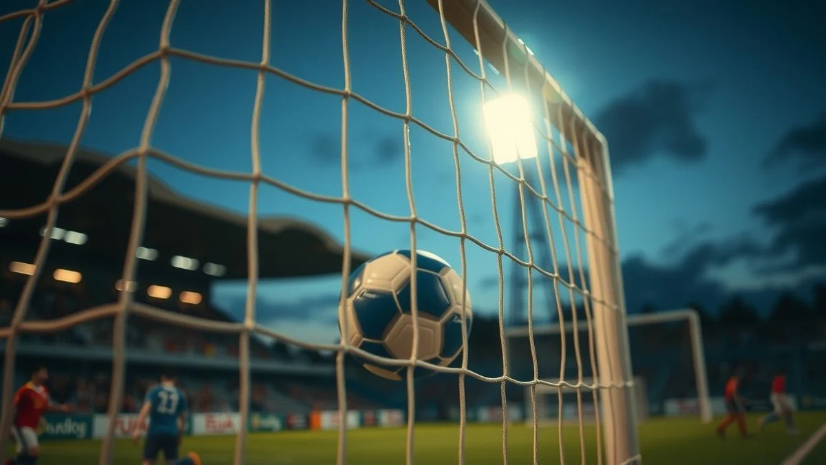 Portería de balonmano con balón dentro bajo luz artificial nocturna