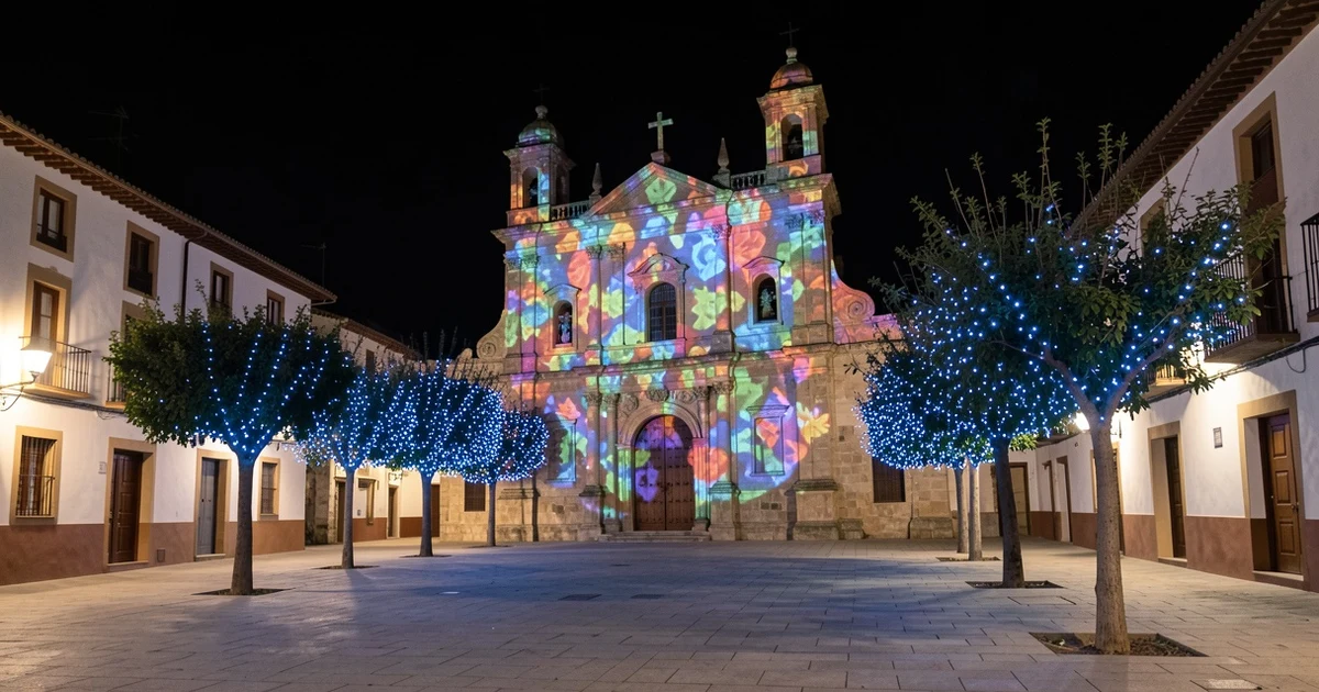 Night view of a historic square with light projections on a church and illuminated trees