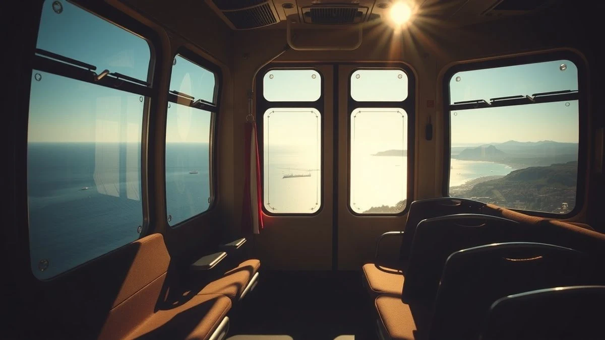 Imagen ilustrativa: interior de una cabina de teleférico vacía con luz de ventana lateral y vista al mar