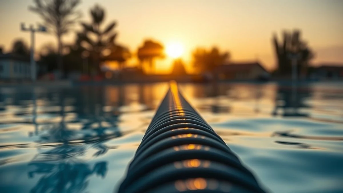 Illustrative image: close-up of a swimming pool lane with calm water and sunset light.
