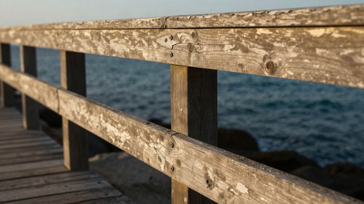 Imagen ilustrativa: detalle de la madera desgastada de una barandilla de paseo marítimo junto al mar