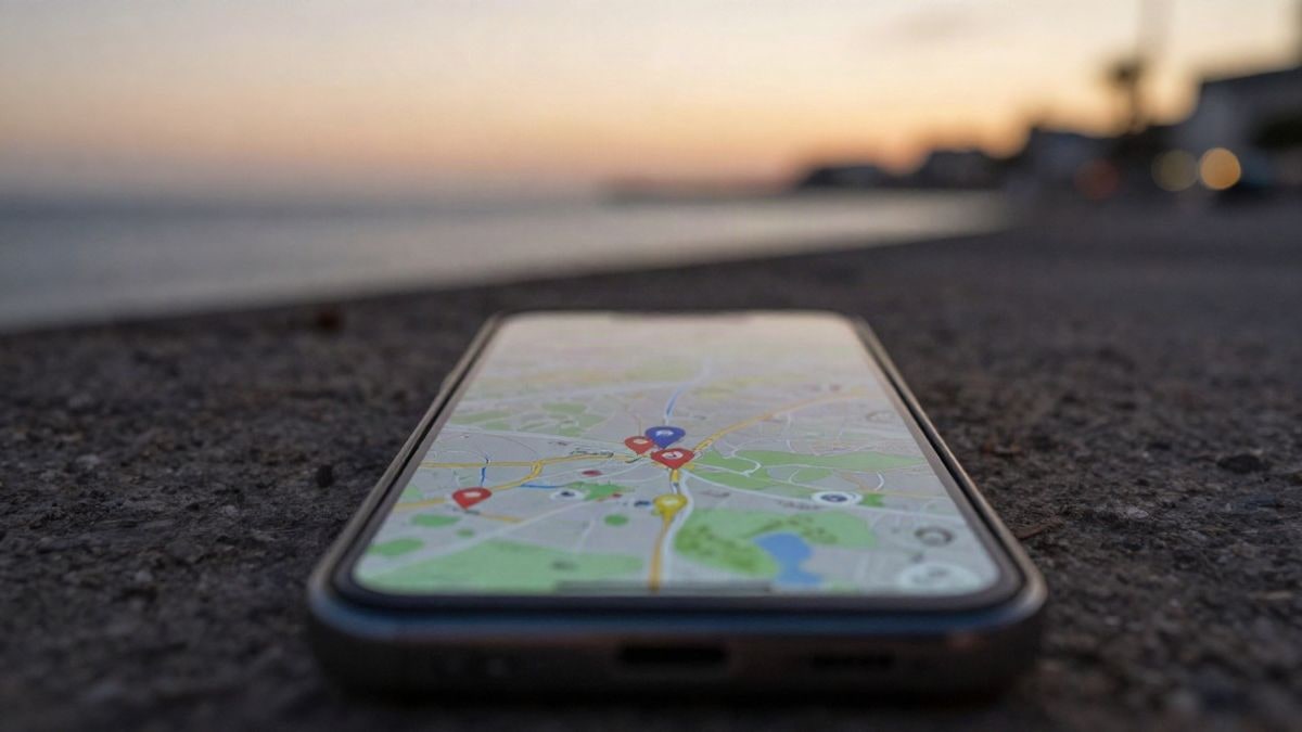 Imagen ilustrativa: pantalla de móvil con marcadores de mapa sobre un paseo costero desenfocado al atardecer