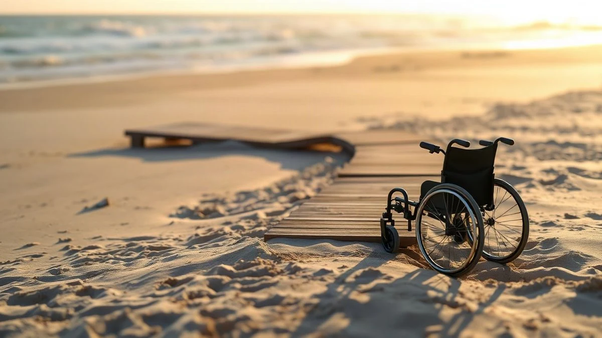 Imagen ilustrativa: pasarela de madera accesible en una playa con una silla anfibia junto a la orilla