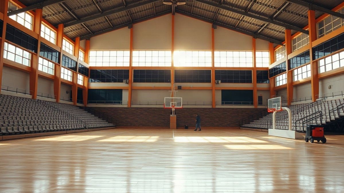 Illustrative image: interior of an empty sports hall with natural light coming through tall windows.