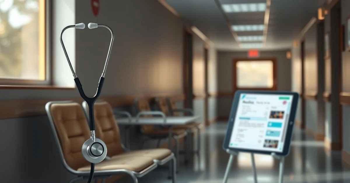 Hospital corridor with stethoscope and tablet displaying medical chart, soft natural light