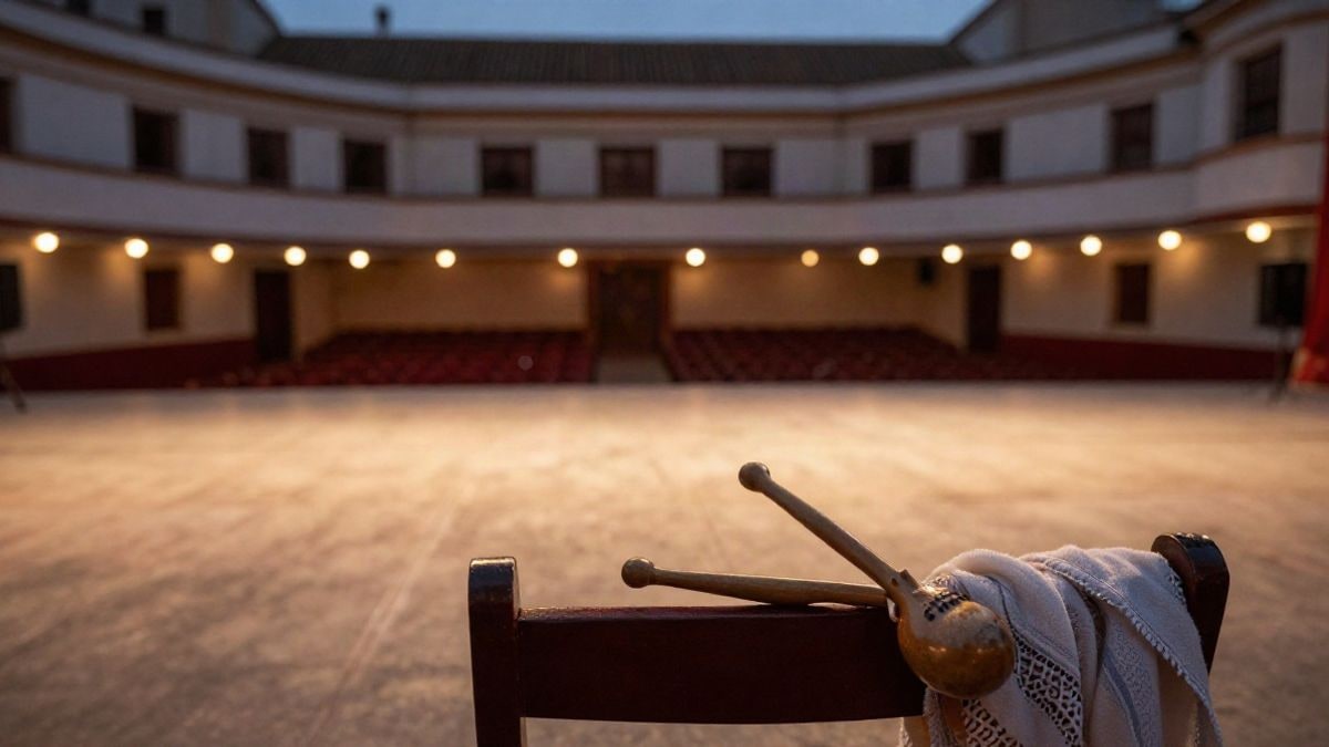 Imagen ilustrativa: un escenario vacío al atardecer con castañuelas y un mantón sobre una silla, luces de auditorio al fondo.