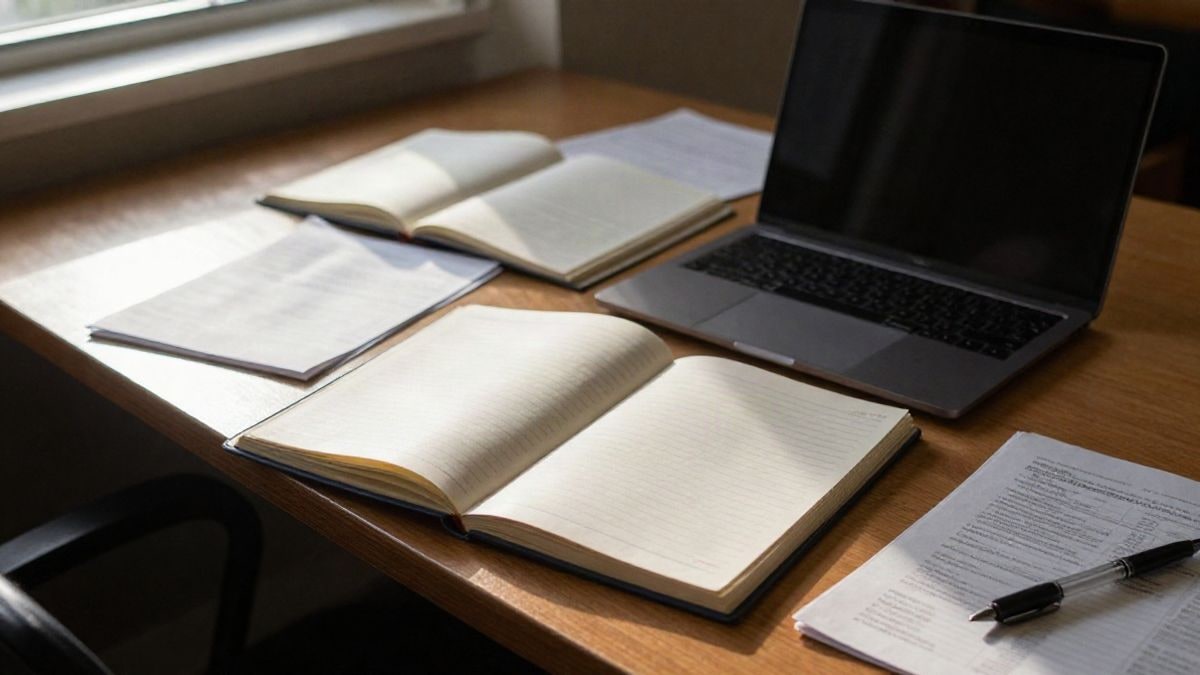 Imagen ilustrativa: vista cenital de una mesa de biblioteca universitaria con cuadernos, un portátil y papeles