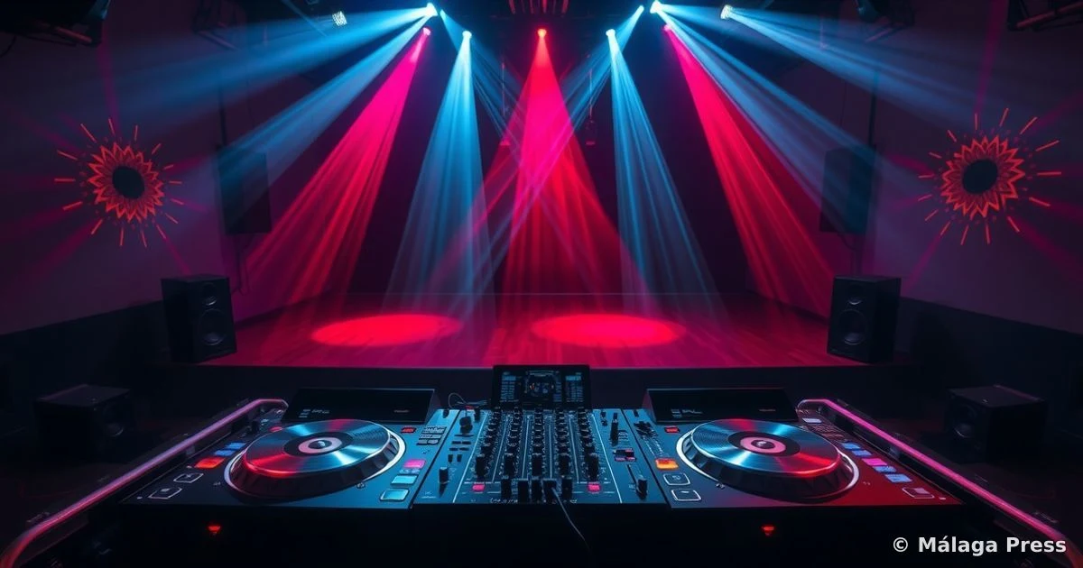 Cabina de DJ con mesas de mezclas y altavoces en una discoteca vacía con luces de colores
