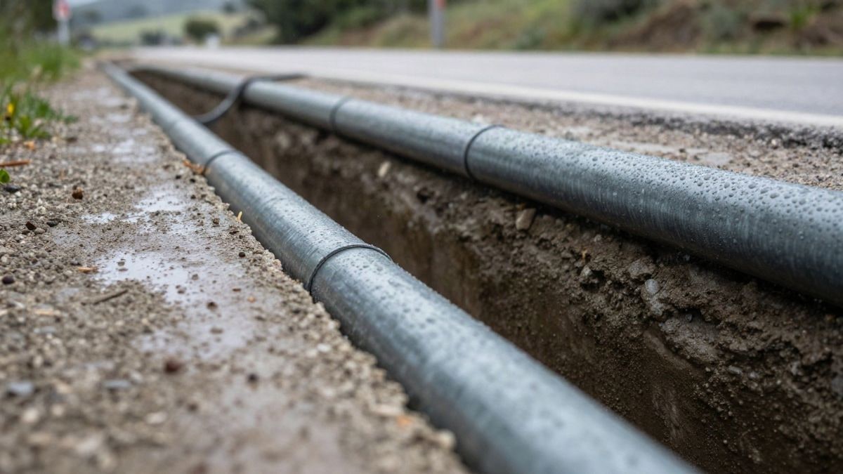 Imagen ilustrativa: detalle de tubos de hormigón y terreno húmedo en una zanja junto a una carretera