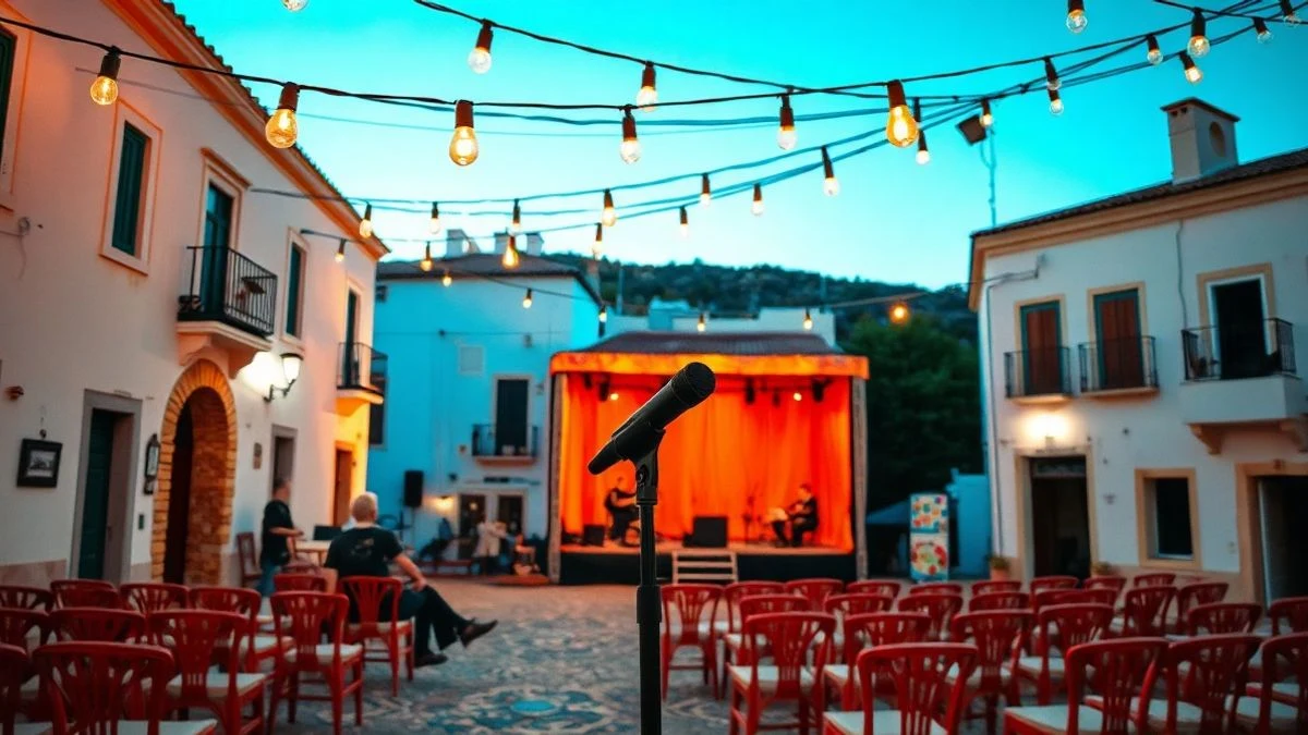 Illustrative image: Andalusian square with stage and microphone set up for an opening speech at sunset