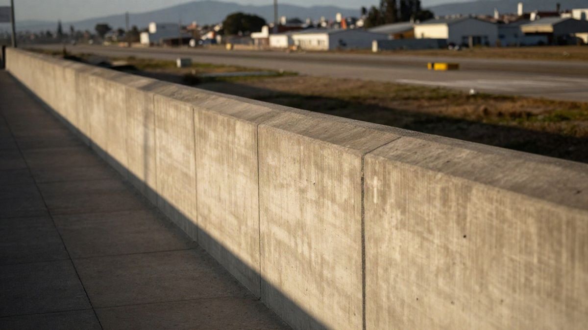 Imagen ilustrativa: muro de defensa junto a un polígono industrial con una pista de aeródromo al fondo