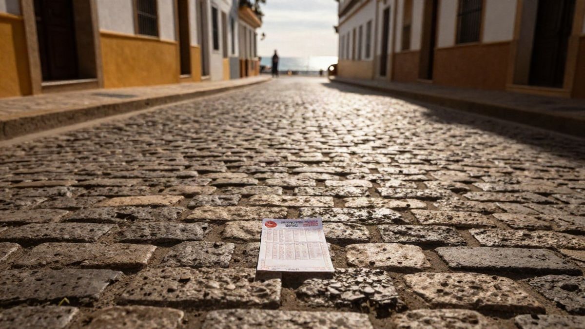 Imagen ilustrativa: un cupón de lotería sobre el suelo de una calle costera andaluza al atardecer