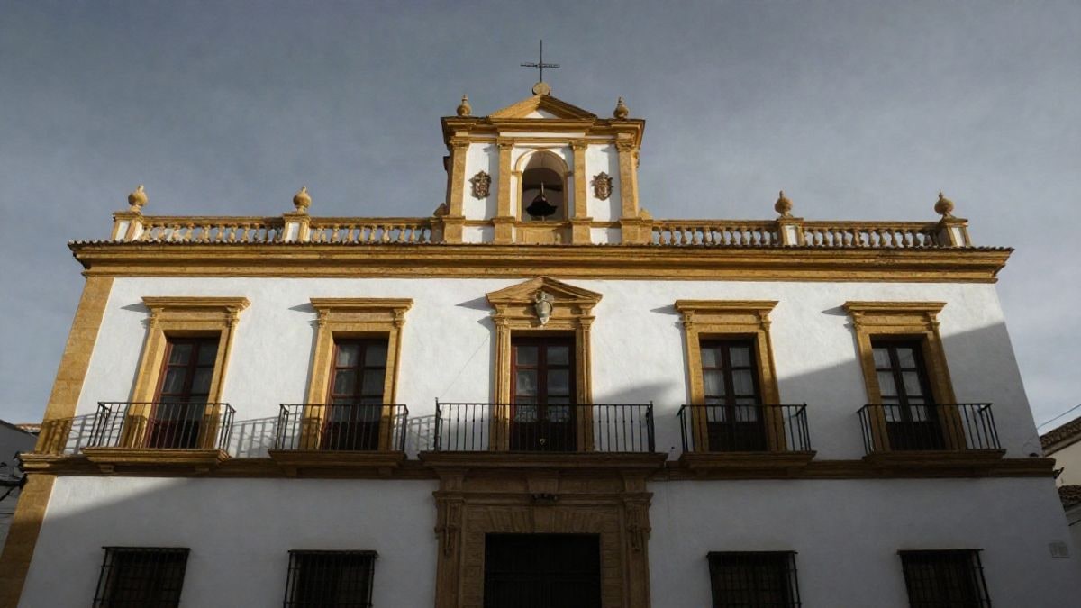 Illustrative image: facade of an Andalusian town hall building seen from below, with a blue sky in the background.