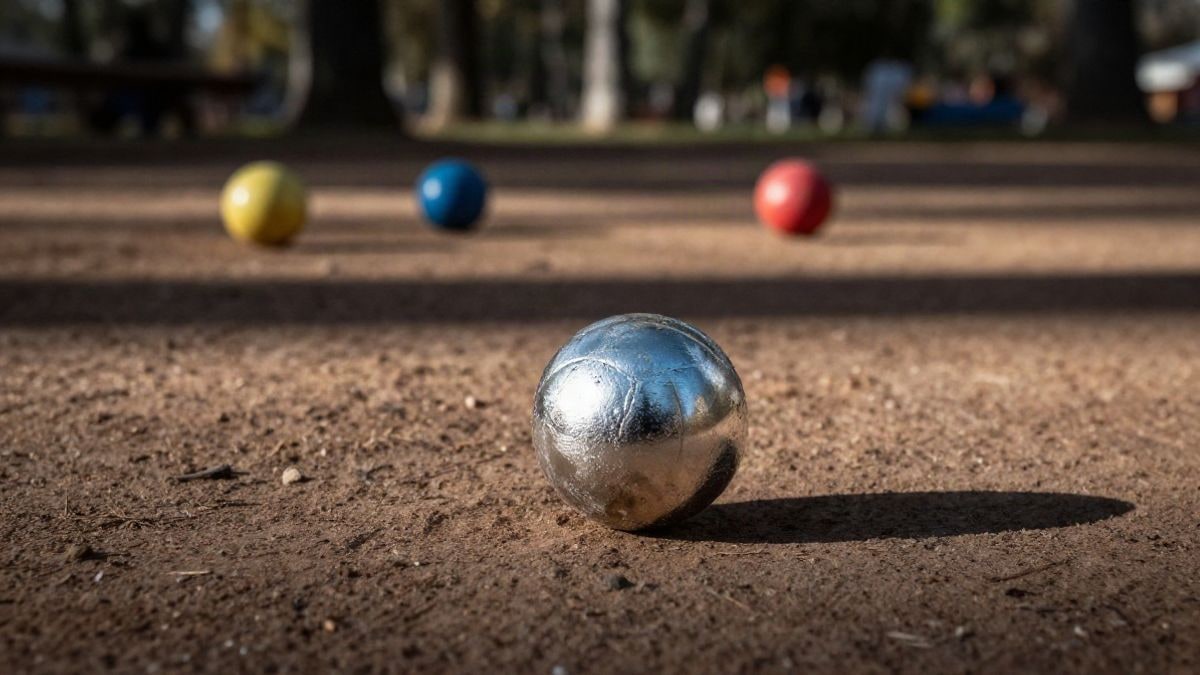 Imagen ilustrativa: una bola de petanca en primer plano sobre una pista de tierra al aire libre