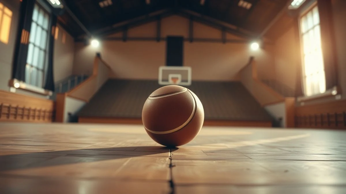 Imagen ilustrativa: un balón de fútbol sala sobre el suelo de una pista polideportiva de madera, con luz de atardecer y fondo desenfocado de gradas vacías.