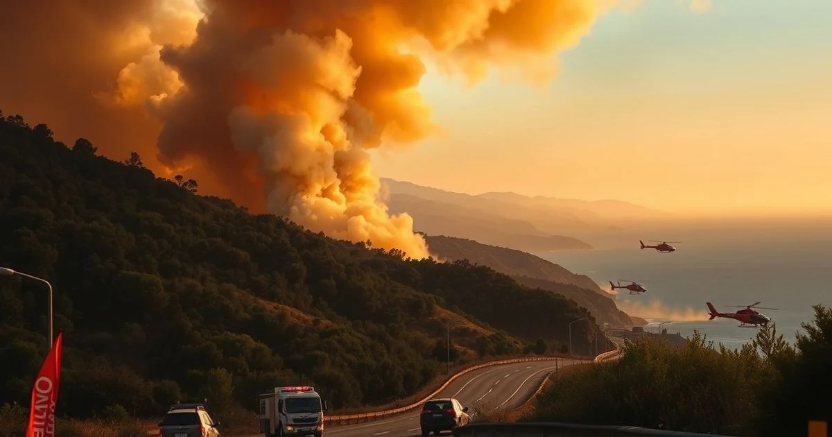 Column of smoke over a mountain near a motorway on the Costa del Sol, with firefighting helicopters.
