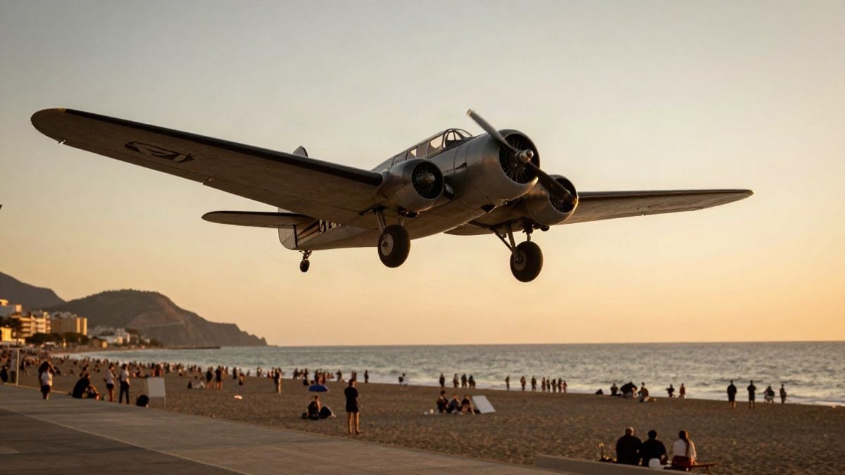 Imagen ilustrativa: una avioneta sobrevuela una playa mediterránea al atardecer con público en la arena