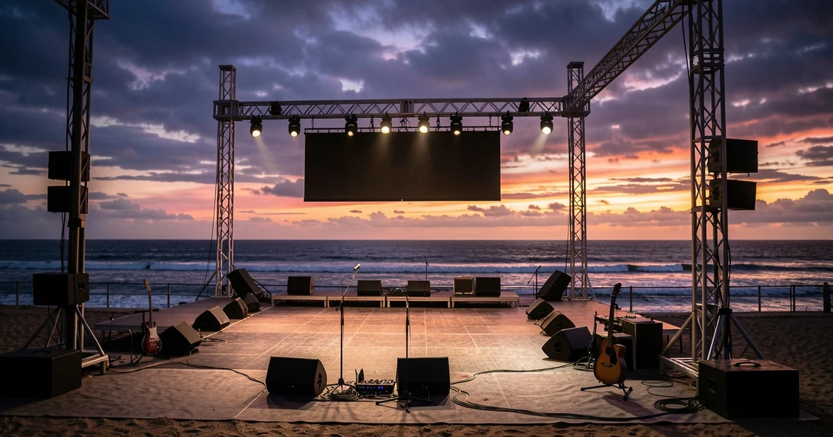 Escenario vacío de un concierto al aire libre junto al mar, con luces y pantalla gigante, al atardecer