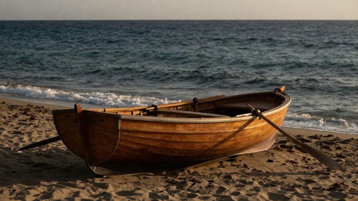 Imagen ilustrativa: una chalana tradicional de remo varada en una playa al atardecer, con remos apoyados y el mar de fondo.