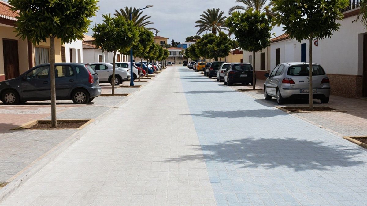 Illustrative image: newly paved street with light sidewalk, new trees, and parked cars.