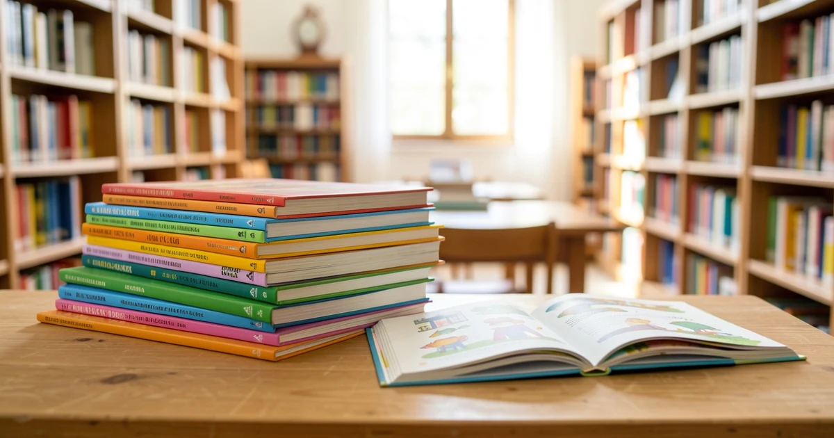Stack of children's books on a desk