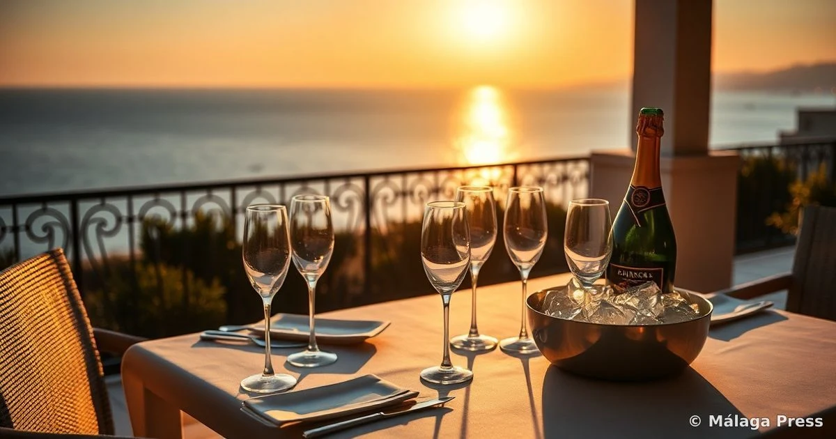 Terraza de restaurante con vistas al Mediterráneo al atardecer, mesa con copas de champán y una botella en hielo