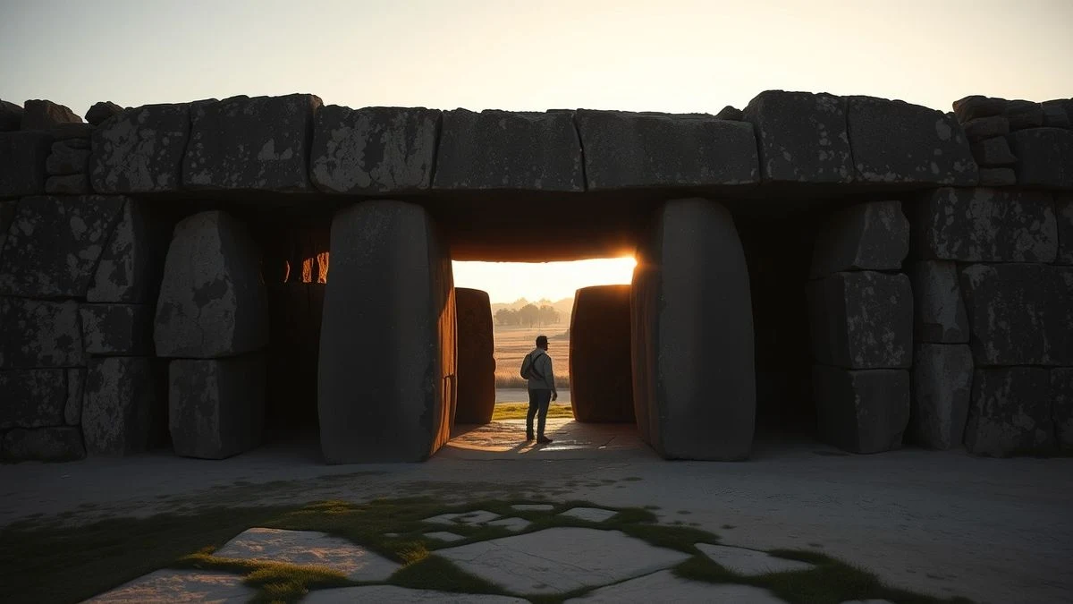 Entrada del Dolmen de Menga en Antequera al atardecer con una figura pequeña de espaldas