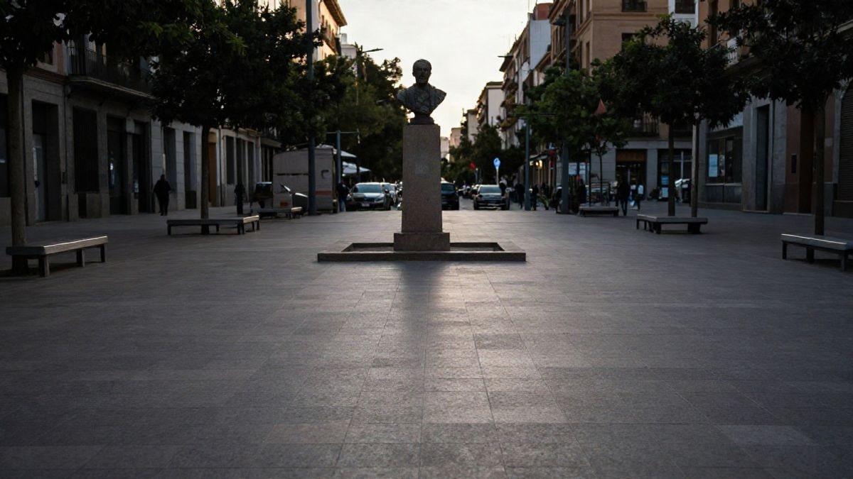 Imagen ilustrativa: plaza urbana con un busto sobre pedestal y pavimento renovado