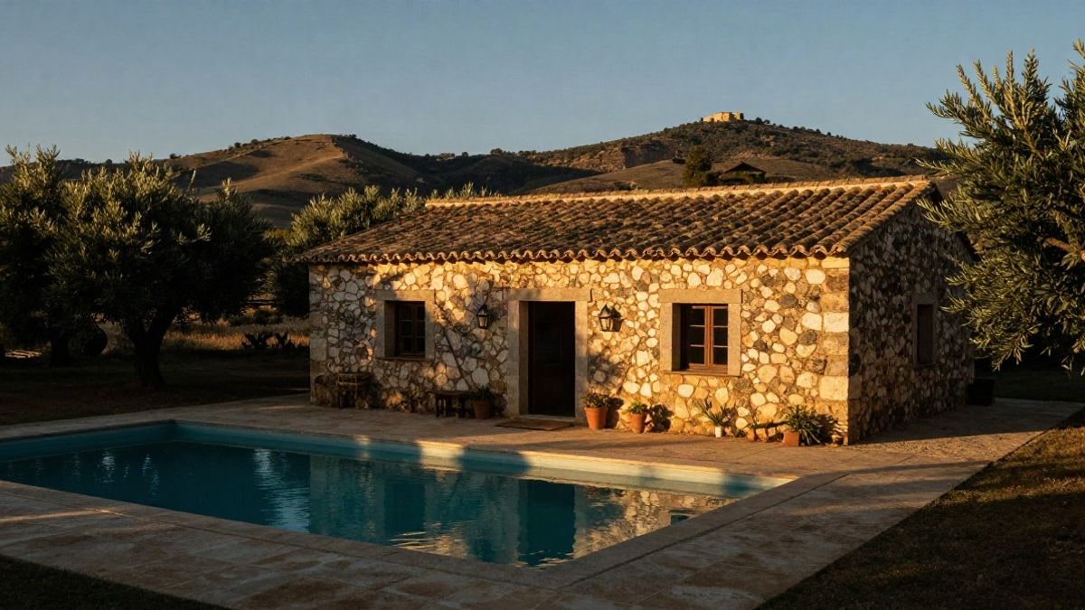 Imagen ilustrativa: casa rural con piscina en el campo andaluz al atardecer