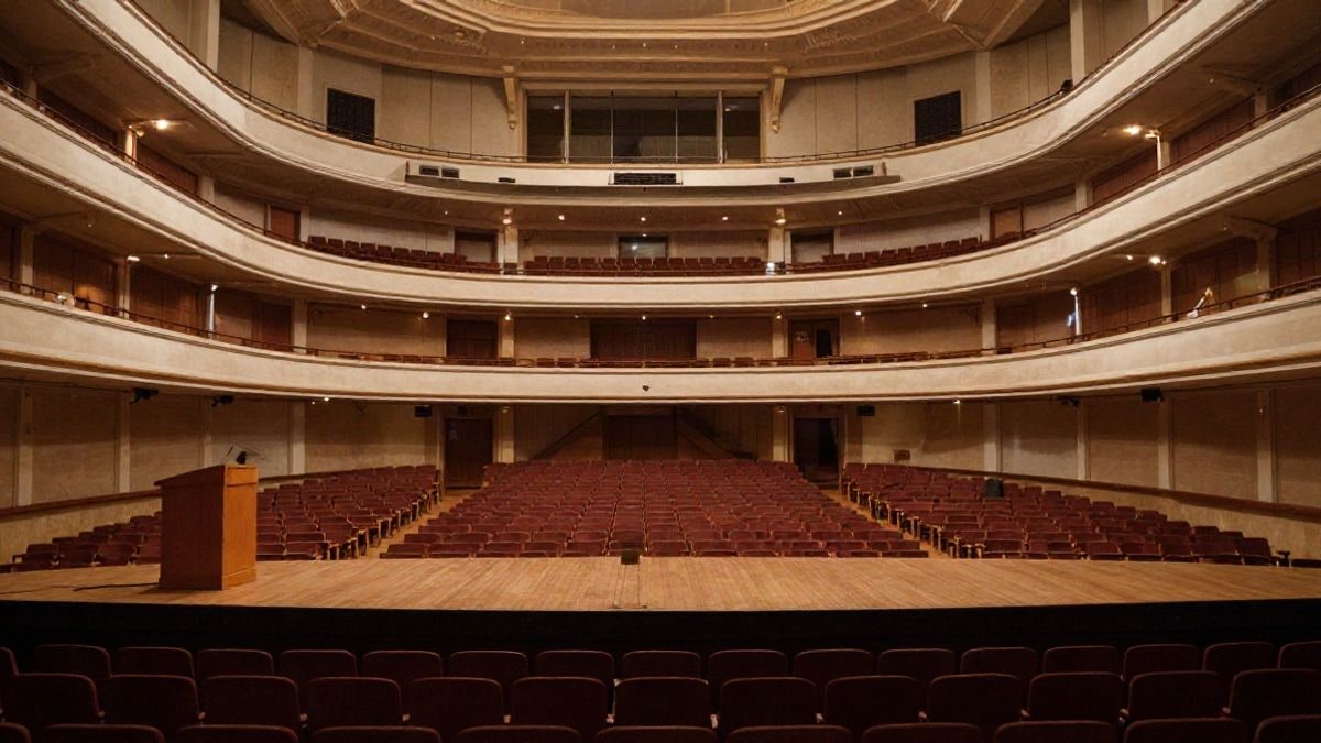 Imagen ilustrativa: gran angular de un auditorio municipal con butacas vacías y un atril