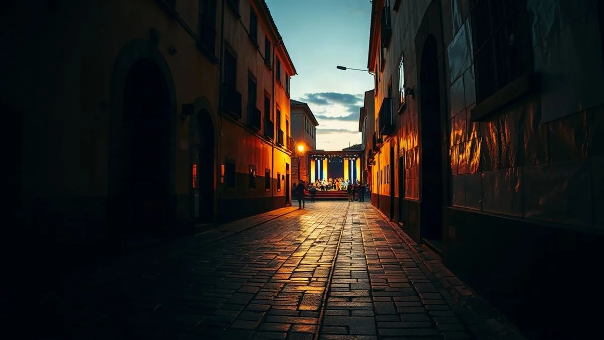 Imagen ilustrativa: calle empedrada de un casco histórico al atardecer, con faroles encendidos y siluetas de personas caminando