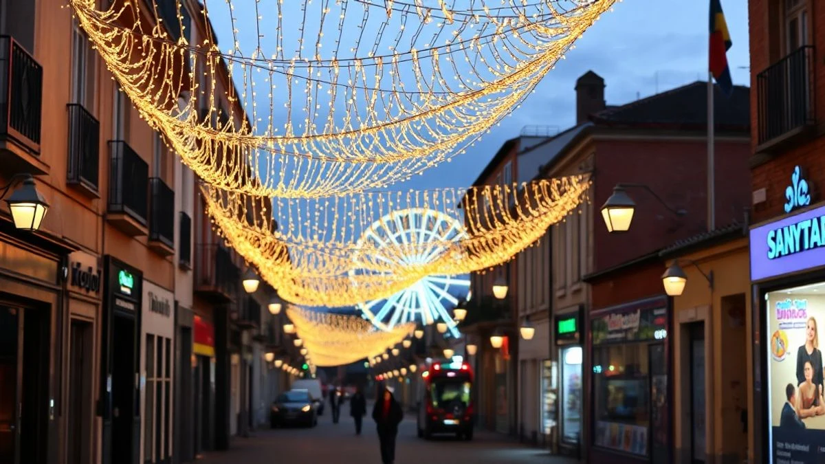 Illustrative image: a Spanish street adorned with festive lights at sunset, with a Ferris wheel in the background