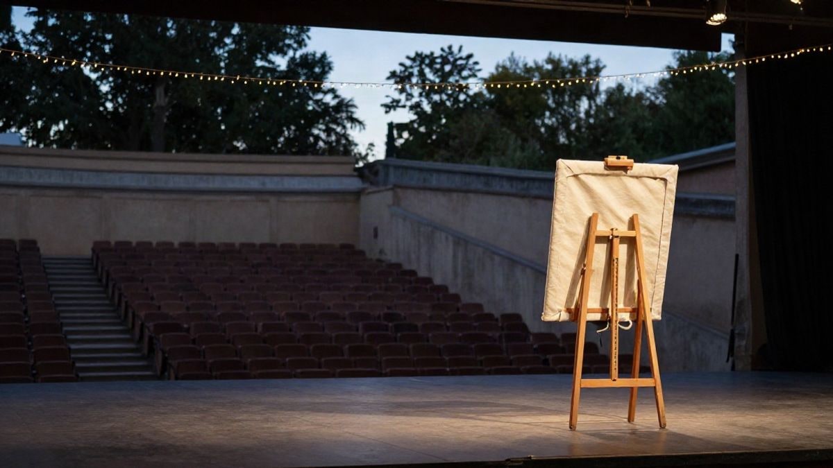 Illustrative image: a podium with a covered canvas on an outdoor stage at sunset, with festive lights.