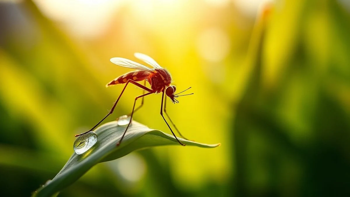 Illustrative image: a mosquito on a leaf with dew drops, illuminated by morning light.
