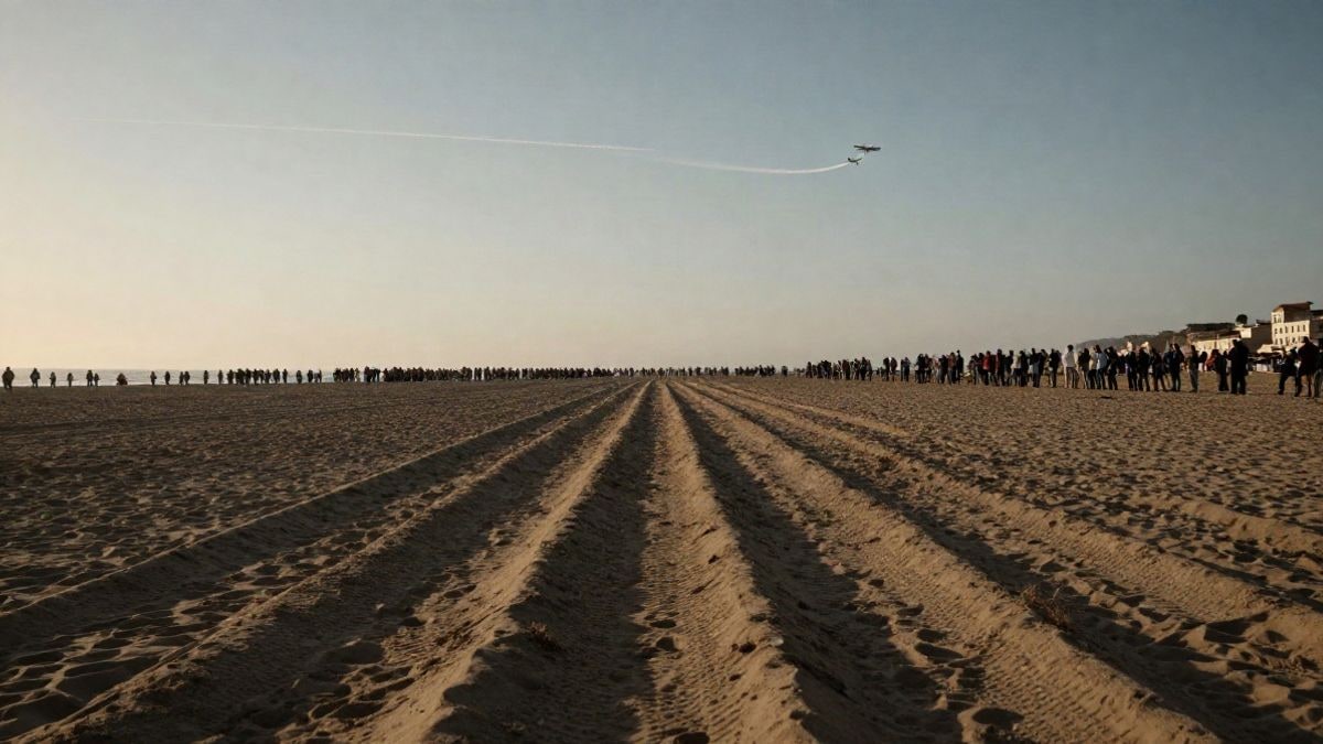 Imagen ilustrativa: una playa al atardecer con un grupo lejano de personas mirando al cielo, donde una avioneta dibuja una estela.