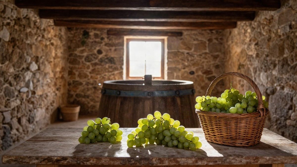 Illustrative image: a traditional Andalusian wine press with a wooden barrel and muscatel grapes on a table, lit by warm light.