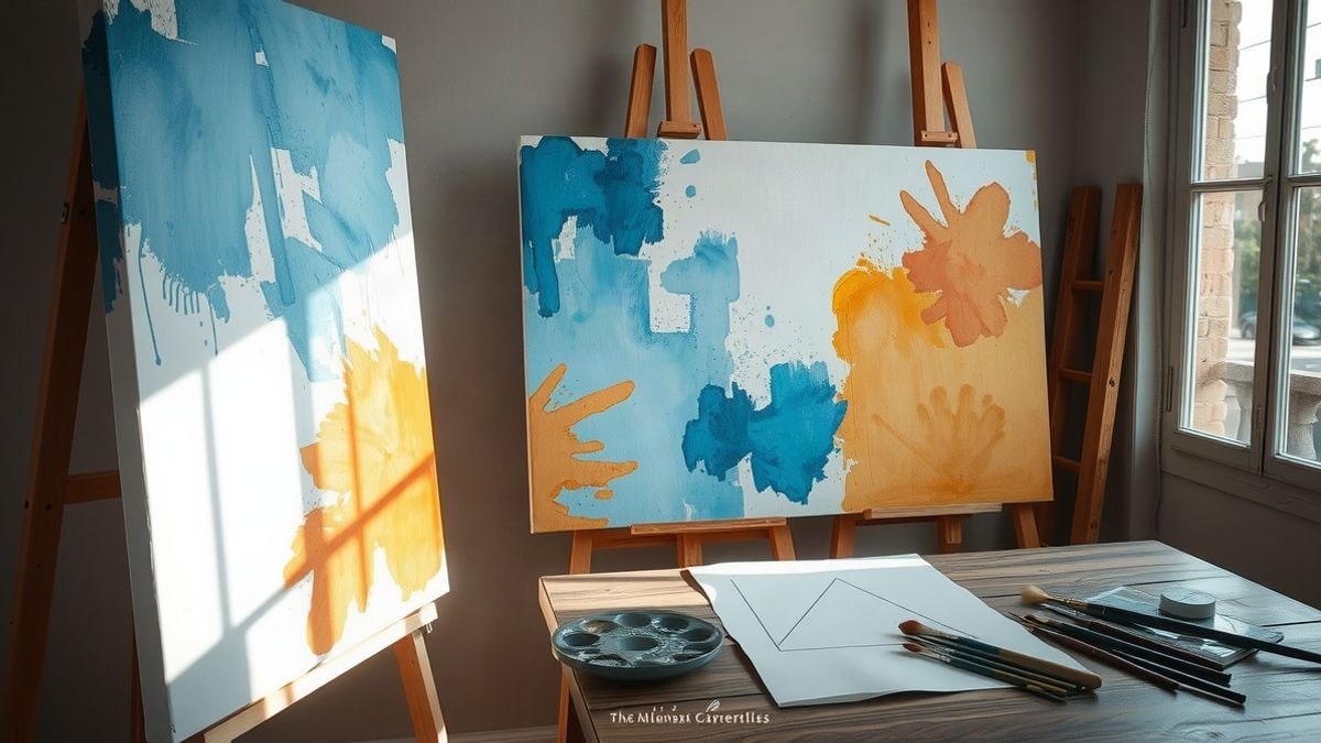 Imagen ilustrativa: un estudio de pintura con lienzos abstractos y paleta de colores sobre una mesa