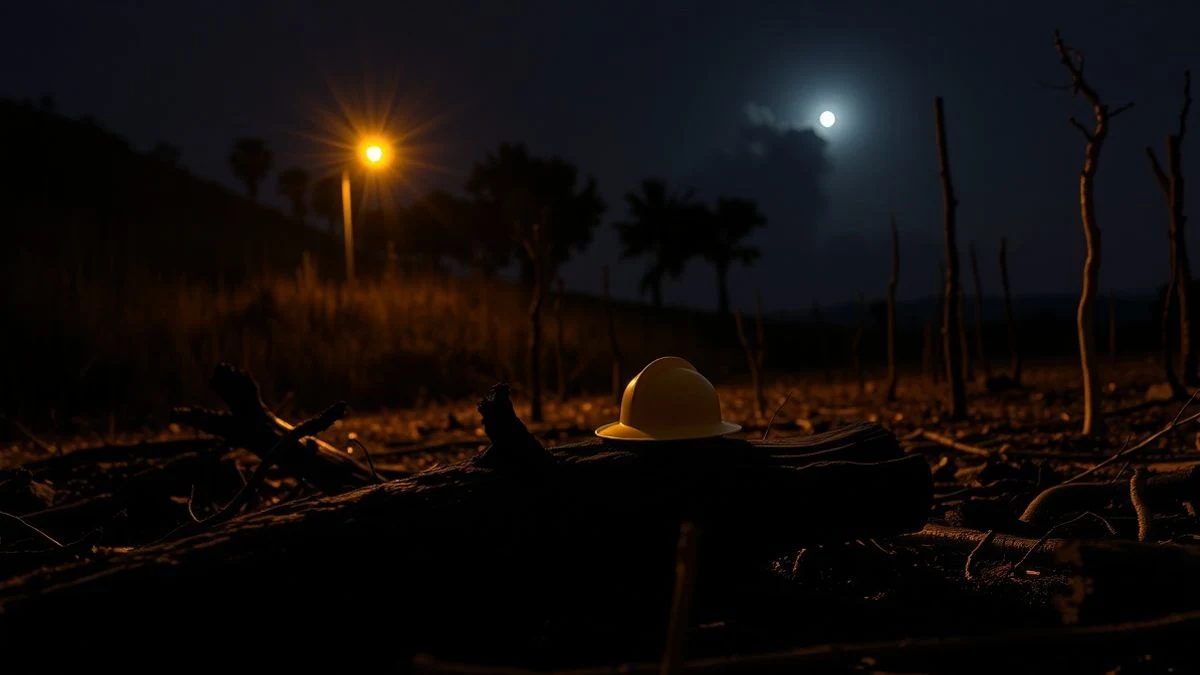Imagen ilustrativa: un casco de bombero sobre un tronco carbonizado en un bosque nocturno, iluminado por una farola.