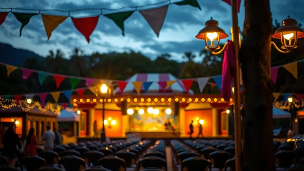Imagen ilustrativa: un recinto ferial al atardecer con luces de colores y un escenario vacío en el fondo