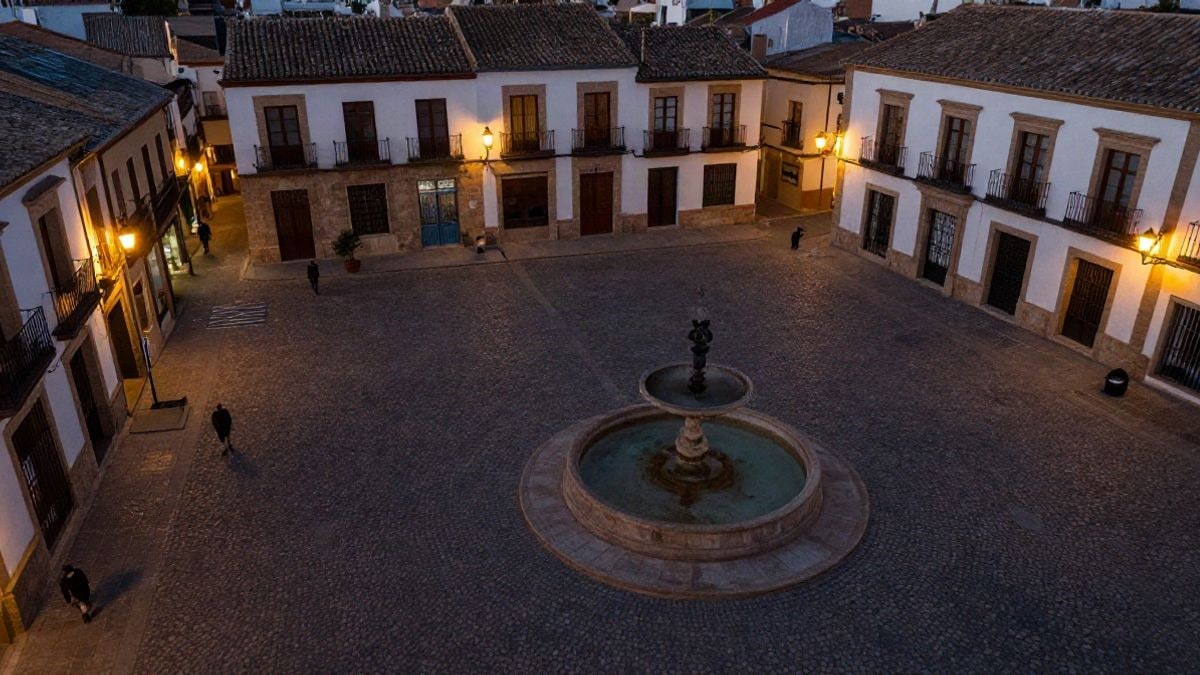 Illustrative image: aerial view of a cobbled square in a Spanish village at sunset, with a central fountain and old buildings around.